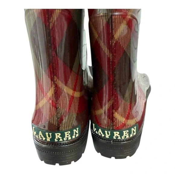 Lauren Ralph Lauren Rossalyn II Plaid Rain Boots Red Brown Tartan Check Size 9B - Picture 5 of 6